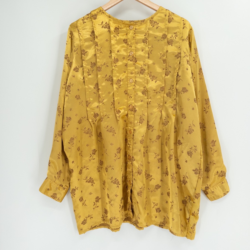Vintage 90s Blouse Womens 16W Gold Yellow Floral Satin Asian Chinoiserie Cottage